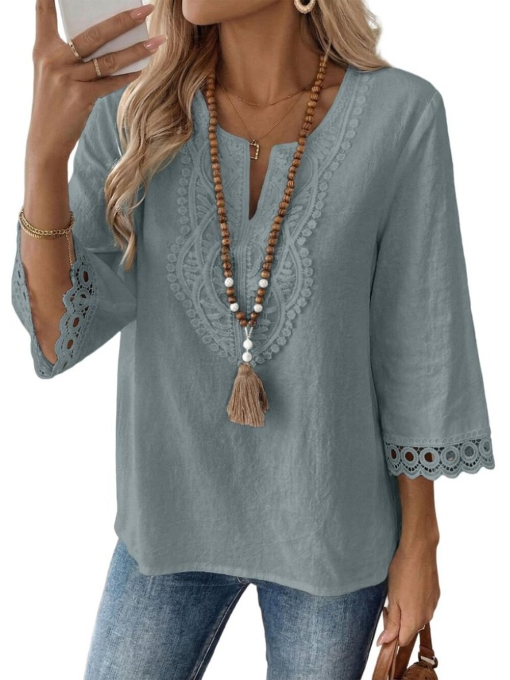 Womens 3/4 Length Sleeve Boho Tops Summer Spring 2026 Trendy Lace